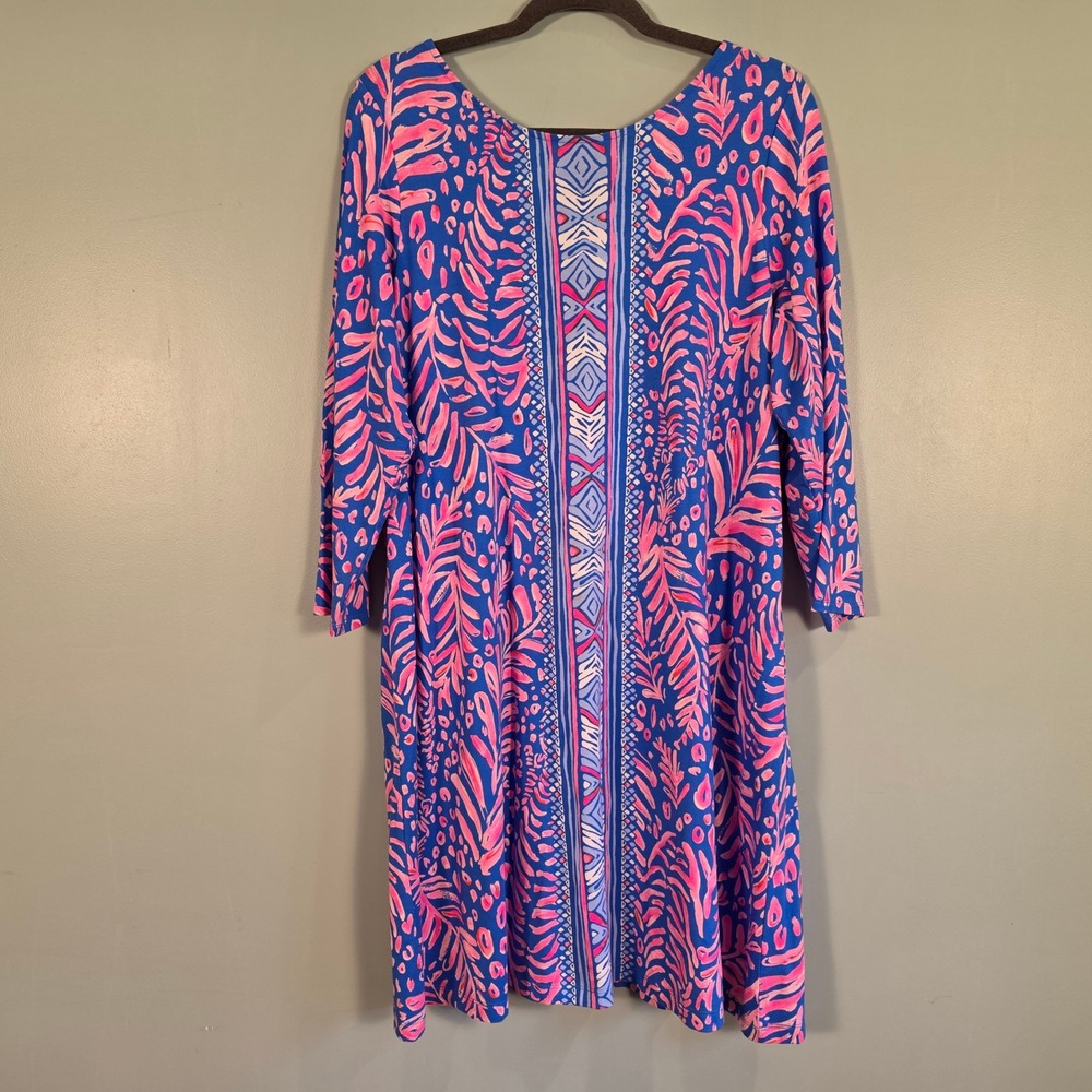 Lilly Pulitzer Pink Blue Tropical Leaf Print Strappy Back Dress XL 002383